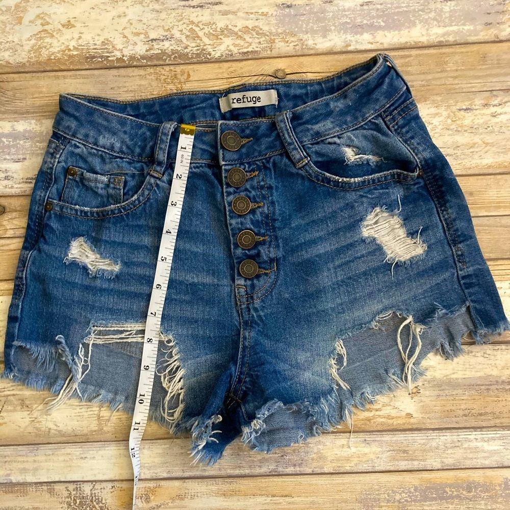 refuge Distressed Medium Blue Button-Front Denim Shorts